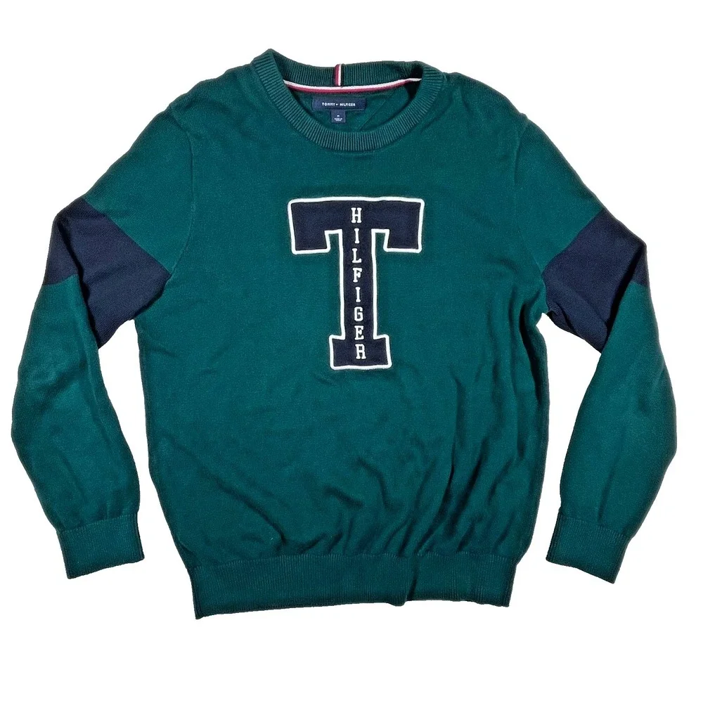 Tommy Hilfiger‎ Sweater Mens Medium Green Varsity Logo Colorblock Cotton 78E2689
